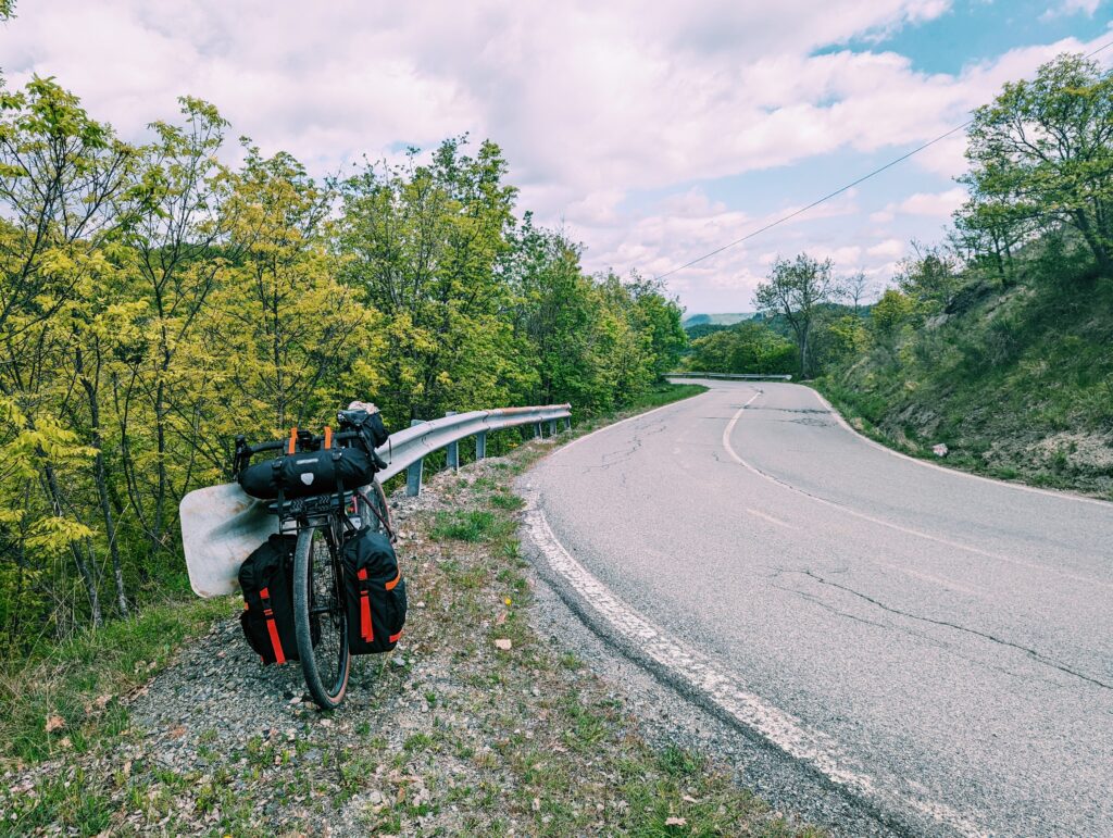 My bike on the side of the road on a climb in the Apennines
