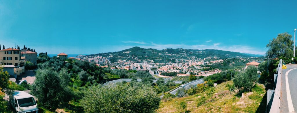 Panorama form the Meditarranean Sea and the city of Imperia to the left over the Impore valley to the Apennines to the far right