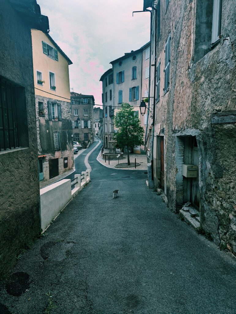 View of village center with a well in the south of France. Old houses on both sides of a narrow street with a cat coming up the street.