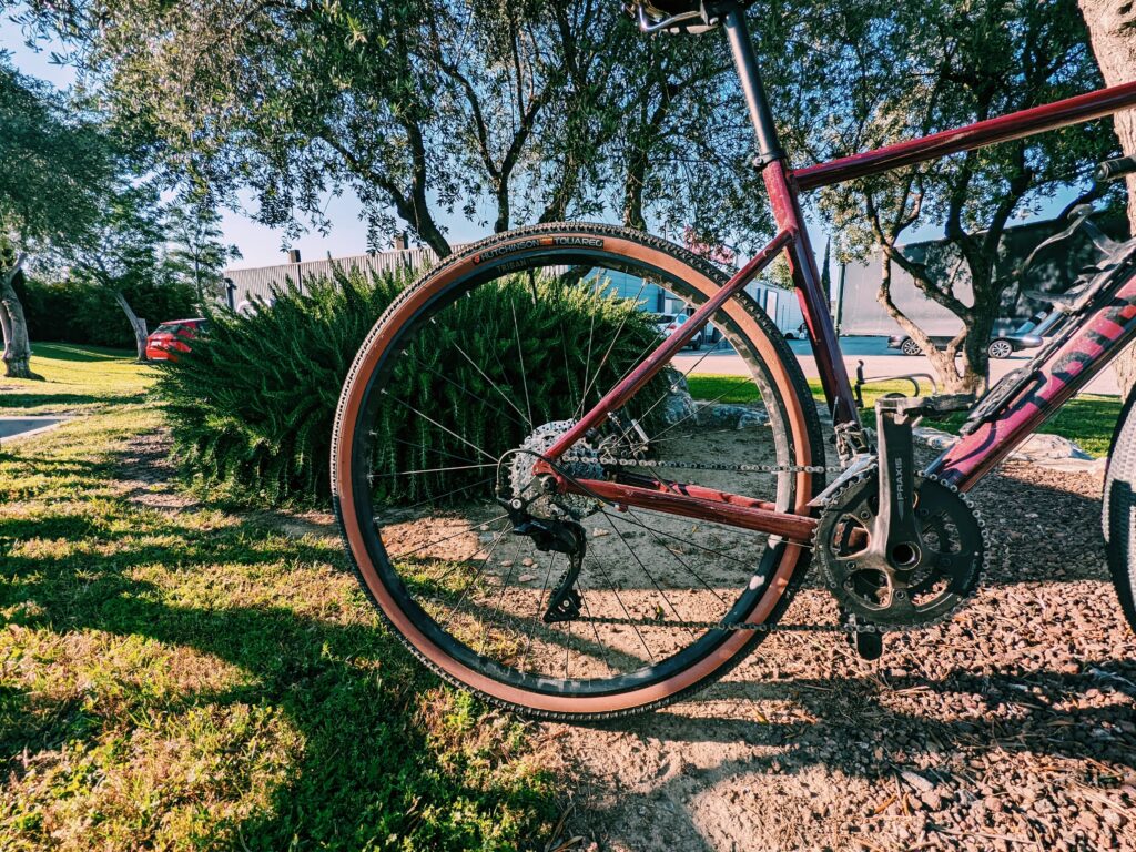 New rear tire on the bike standing in a park