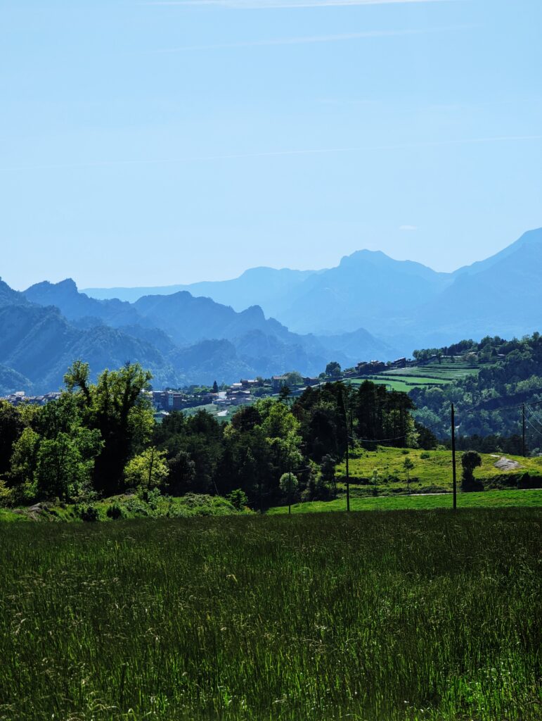 Pyreneean meadows in the foreground mountain ranges in the background