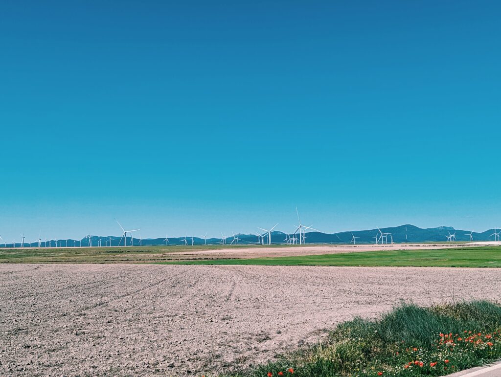 A dry field in the foreground, wind farms in the middleground and clear blue skies
