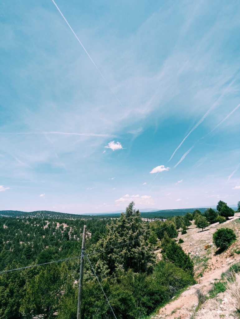 View over vast hills and forests, blue skies with very little clouds. Road guard railing in the foreground