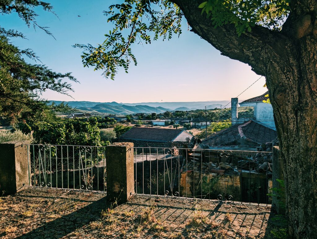 A terrace and a tree in the foreground, some caved in roofs behind that and an a vast view into Terras de Trás-os-Montes with rolling hills in the background