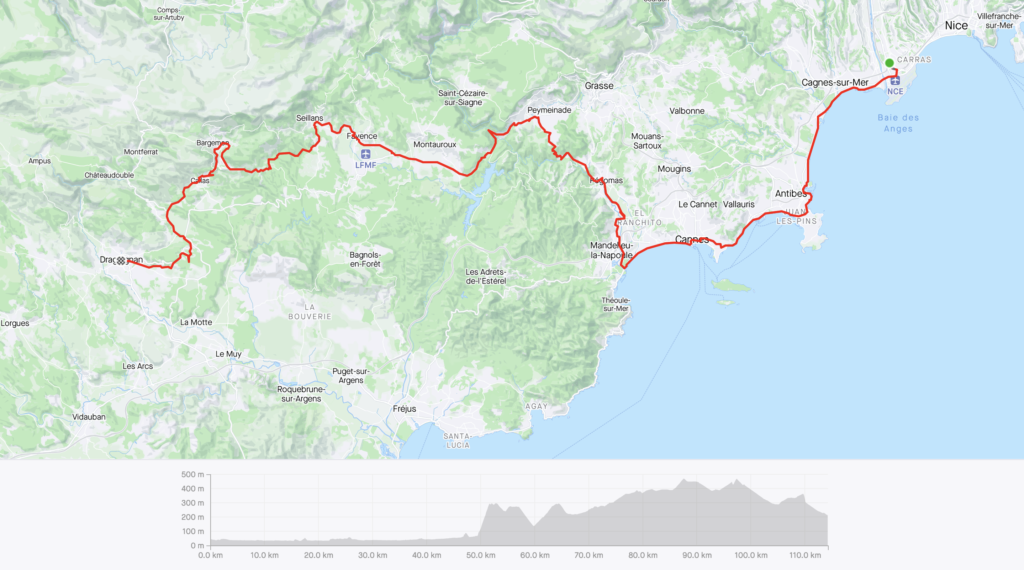 Map of my ride from Nice to Draguignan