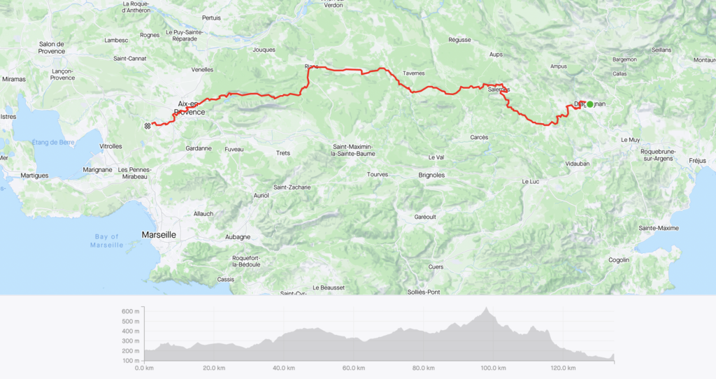 Map of my ride from Draguignan to Aix-en-Provence