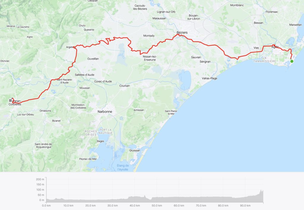 Map of my ride from Agde to Lézignan-Corbières