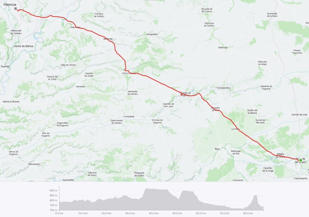 Strava map for my ride from Aranda de Duero to Palencia