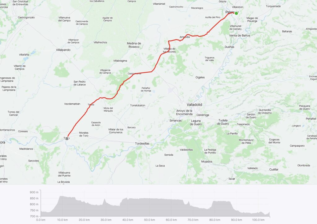Strava map of my ride from Palencia to Toro