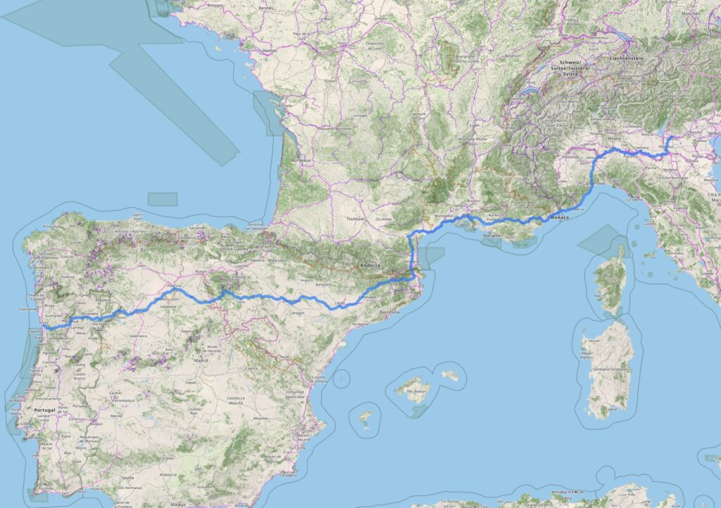 Map showing the south of Europe withroute from Verona through France and across the Iberian Peninsula painted in